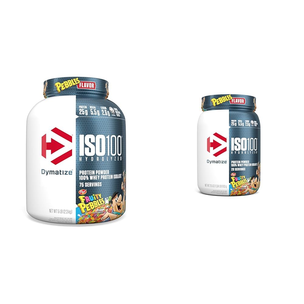 Dymatize ISO100 Hidrolyzed Fruity Pebbles Protein Powder Bundle, 25g Protein, 5.5g BCAAs, 5 libras + 20 piezas