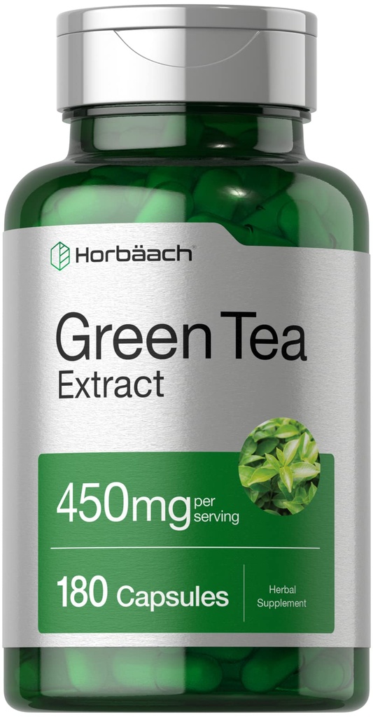 Horbäach Green Tea Extract Capsules 450mg  180 Count ← Herbal Supplement Silencio Non-GMO and Gluten Free