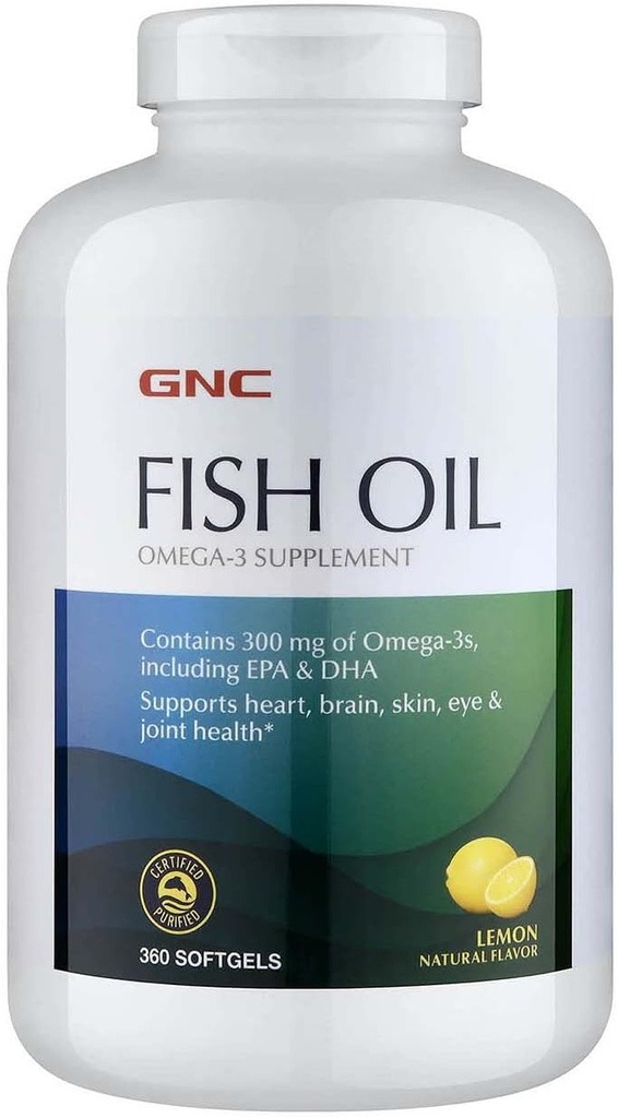 GNC Fish Oil Omega 3 Suplemento, 300 mg EPA y DHA, Lemon Flavor, apoya el corazón, cerebro, piel, ojo y salud conjunta, 360 Softgels, 360 Servimientos