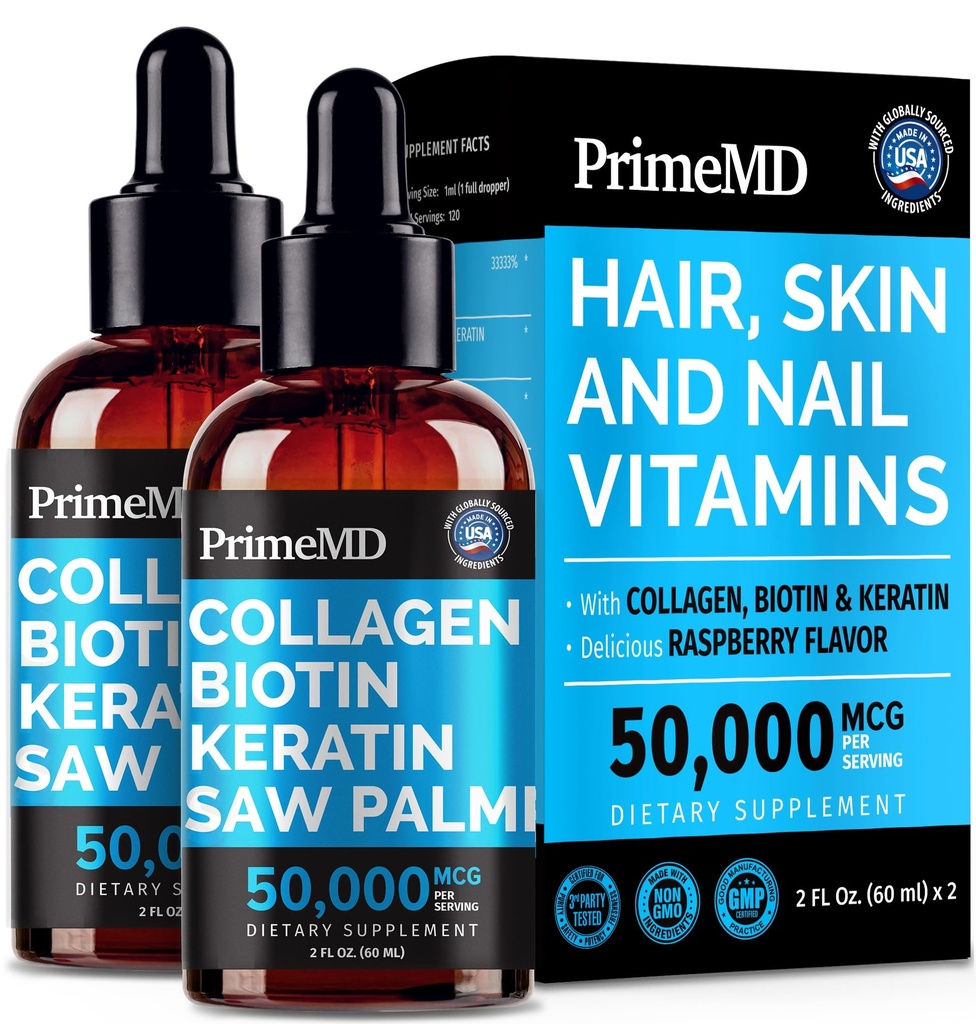 Peptides de colágeno líquido para mujeres - Complejo de suero con vitamina de biotina, proteína de queratina hidrolizada y Palmetto de sierra - Fórmula completa para el cabello, la piel y el bienestar de uñas - 2fl oz (Pack de 2)
