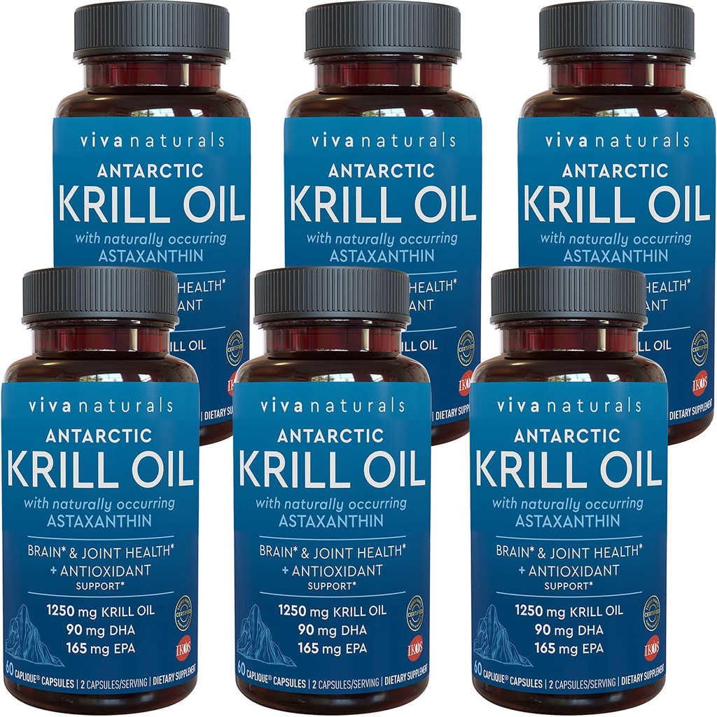 Viva Naturals Antártico Krill Oil 1250 mg, Omega 3 EPA DHA y Astaxanthin, Soporte Conjunto y Suplemento Cerebro con Propiedades Antioxidantes, No Fishy Aftertaste (Pack of 6)