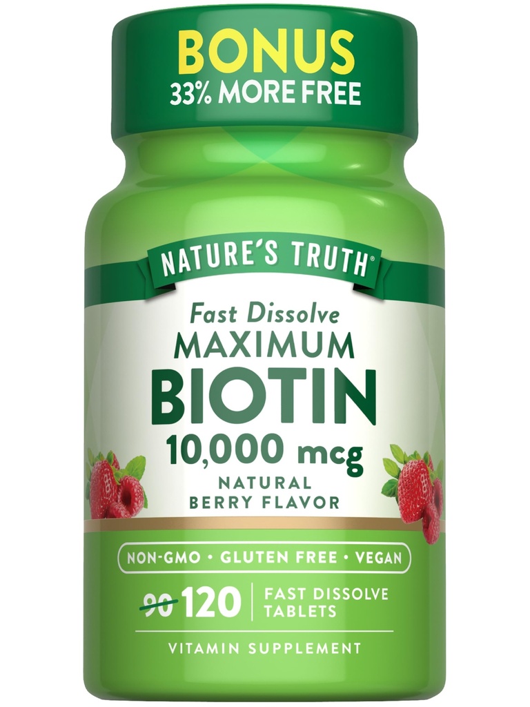 Verdad de la naturaleza Biotin 10000mcg ← 120 Fast Dissolve Tablets  Maximum Strength ← Natural Berry Flavor ← Vegan, Non-GMO & Gluten Free Supplement