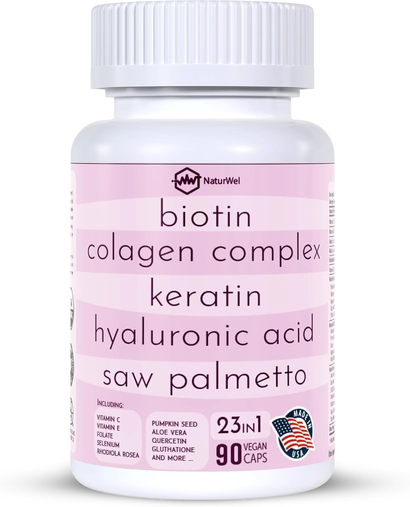 Collagen 1000mg Rhodiola Rosea 2500mg Biotina 10,000mcg, Ácido Hialurónico, Bloqueador DHT, Vitamina C & E, Ácido Fólico, Aloe Vera, Quercetina, Té Verde, Keratina, MSM - 90 Cuenta (90 Cuenta (Pack of 1))