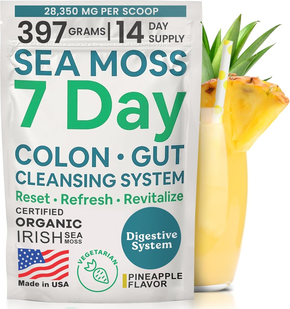 Atlantic Naturals Sea Moss 7-Day Colon & Gut Purification - Golden Flax Seeds, Psyllium Husk, Senna Powder, for Women & Men - Pineapple Flavor Drink Mix (14 oz)