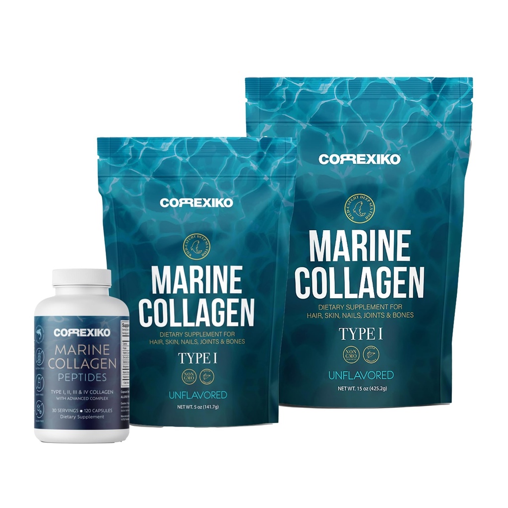 CORREXIKO Marine Collagen Supplement Pills & Powder Bundle - Incluye 10.000mg Double Hydrolyzed Collagen Powder 15 oz & 5oz y 1800mg Collagen Peptides 120 Capsules - para el cabello, piel y uñas