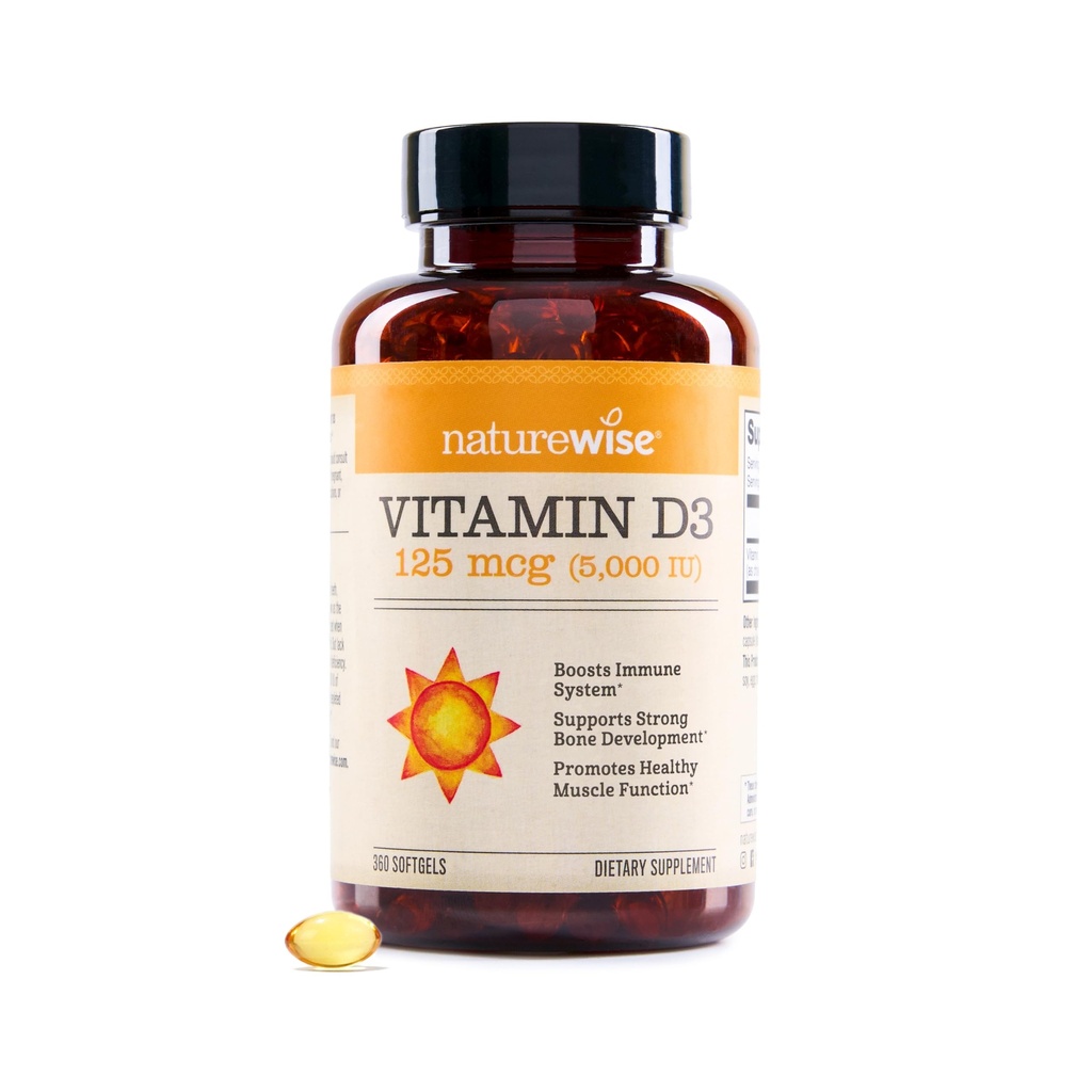 NatureWise Vitamina D3 5000iu (125 mcg) 1 año de suministro para soporte inmunitario, función muscular saludable y salud ósea - no transgénico, sin gluten en aceite de oliva virgen extra orgánico, (Mini Softgel), 360 Conde