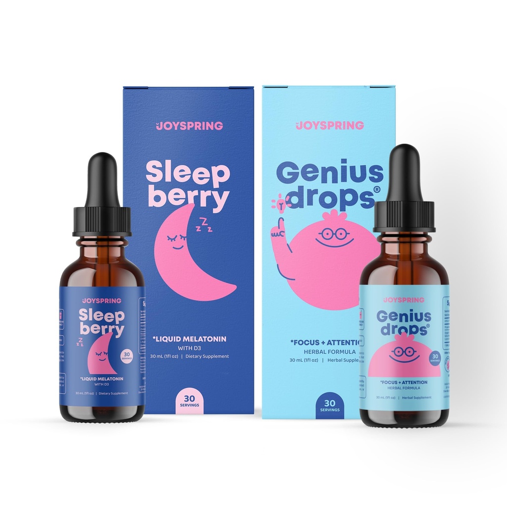 JoySpring Genius Drops Suplemento cerebral y SleepBerry Melatonin para niños Apoyo al sueño