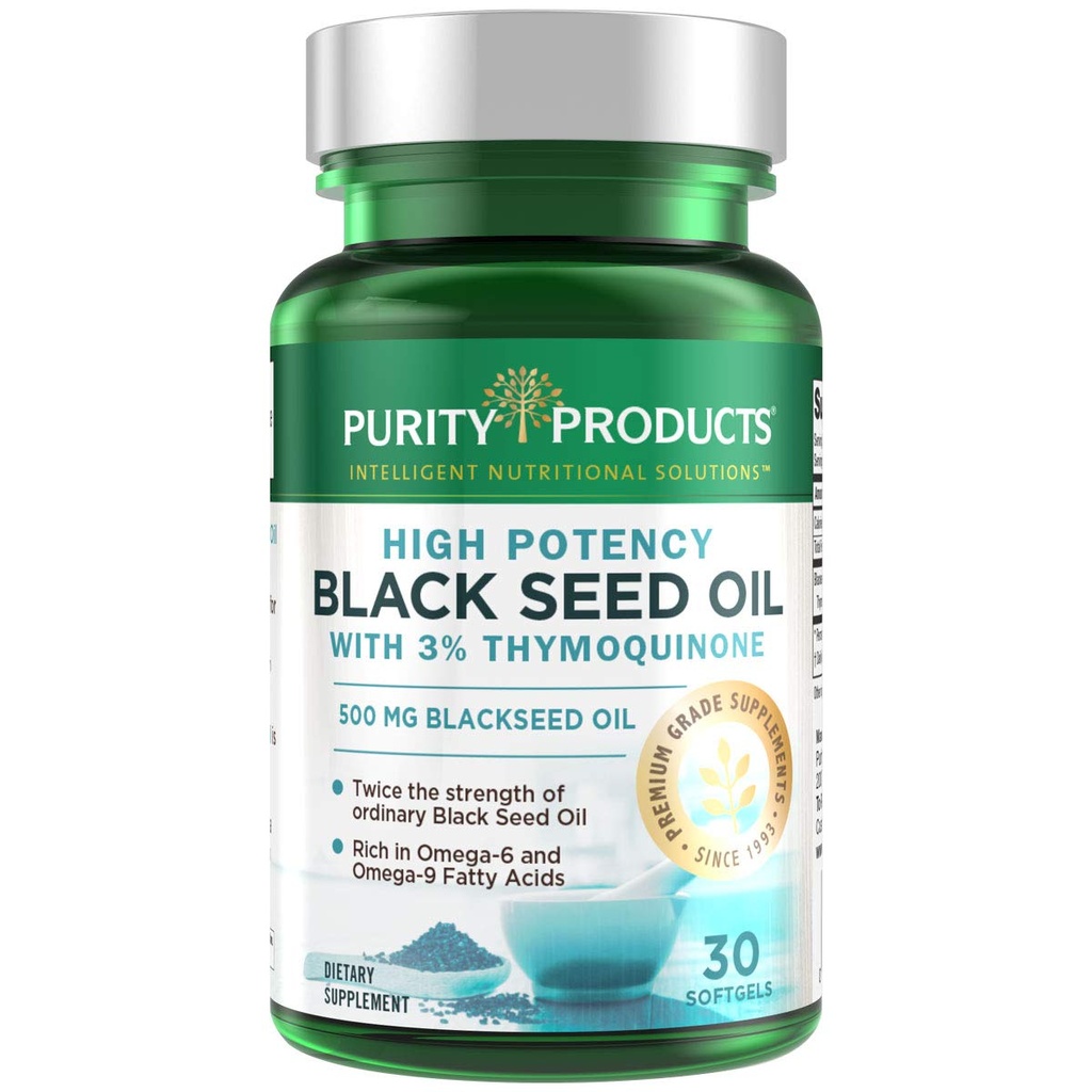 Purity Products High Potency Black Seed Oil - Double Strength + Cold Presionado - 3% Thymoquinone - 500 mg Black Cumin Seed Oil - Omega 6 + 9 ácidos grasos esenciales - Fácil de Swallow - 30 Mini Softgels