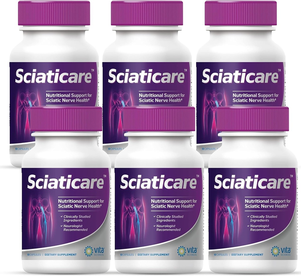 Vita Sciences Sciaticare Nerve Soothing Supplement Vitamins with Natural R-ALA Form 40X Strength, NOT Synthetic Alpha Lipoic Acid (ALA) - Bajo Lumbar Sciatica - 60 Conde (Pack of 6)