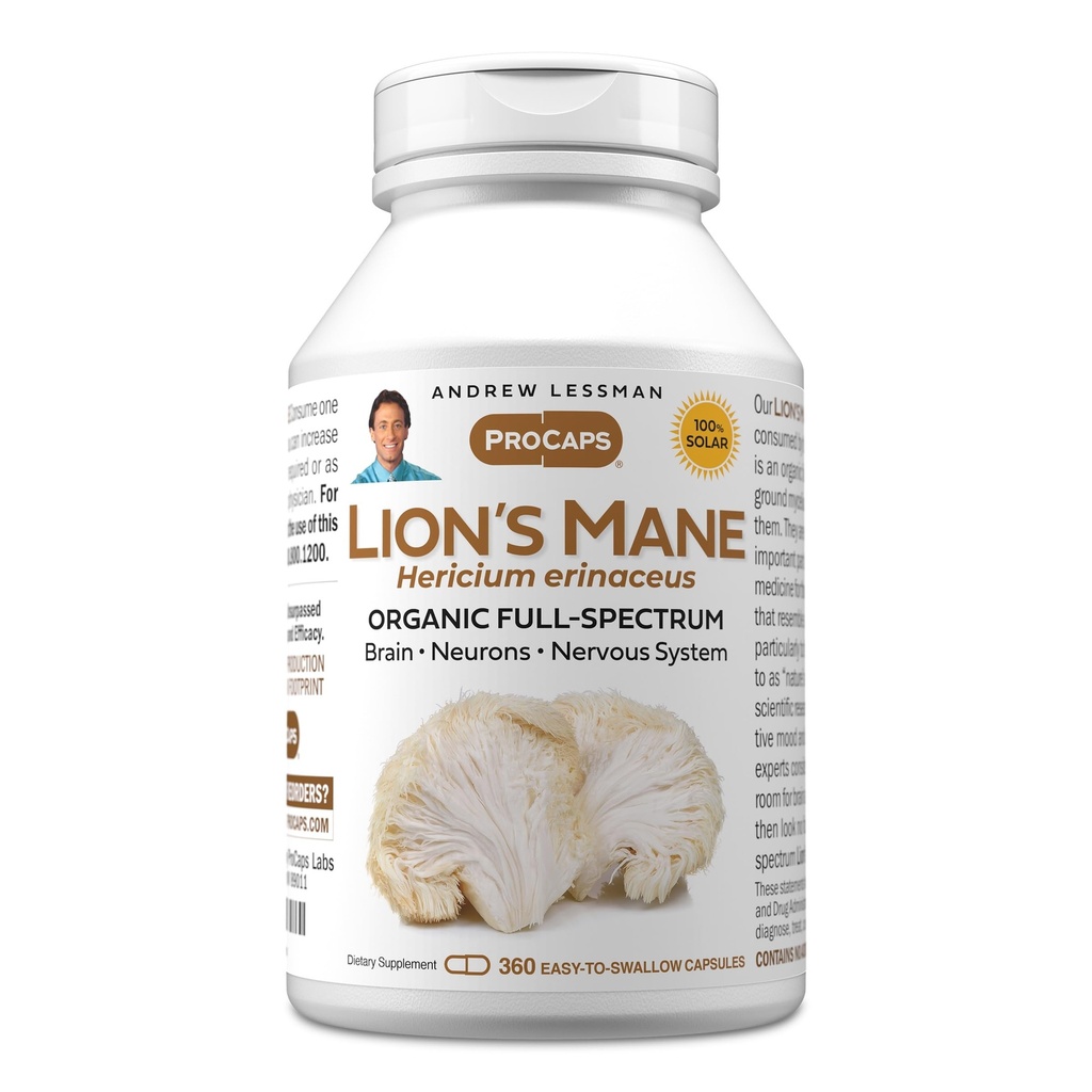ANDREW LESSMAN Lion’s Mane 360 Capsules - Orgánica Full Spectrum Lion’s Mane Mushroom Extract - Apoyos Saludable Cerebro, Cognitivo y Nervous System Function - No Additives.