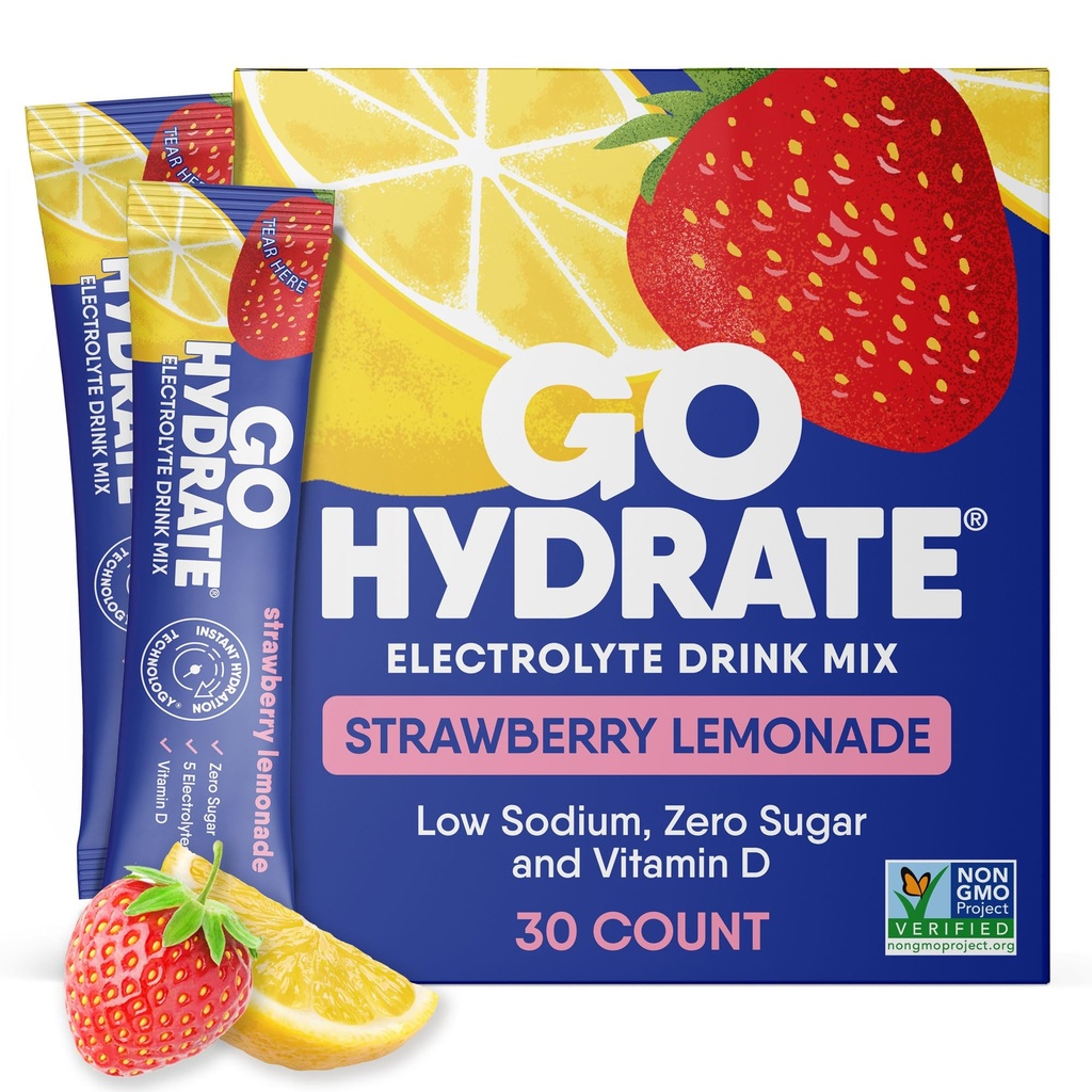 GoHydrate Low Sodium Electrolytes Powder Packets Sugar Gratis - Instant Hydration Daily Drink Mix - Zero Sugar Water Flavor Packet Singles with Vitamin D - (Strawberry Lemonade, 30 Packs)