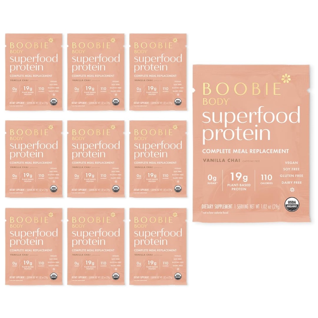 Boobie Body Superfood Protein Meal Replacement Shake, Vanilla Chai Flavor tóxico 19g Protein ← Seguro para el embarazo, la lactancia, " Maternidad  durable Orgánica, Vegan, Zero Sugar, 10 Single Serve Packets (1.02 oz cada uno)