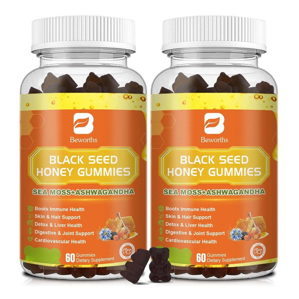 (2 Pack) Black Seed Oil Sea Moss Gummies with Ashwagandha, Burdock Root, Linden Honey, Elderberry, Turmeric, Vitamina C, D3 & Zinc - Supports Immunity, Joints, Digestion, Hair & Skin, Vegan Gummies 120