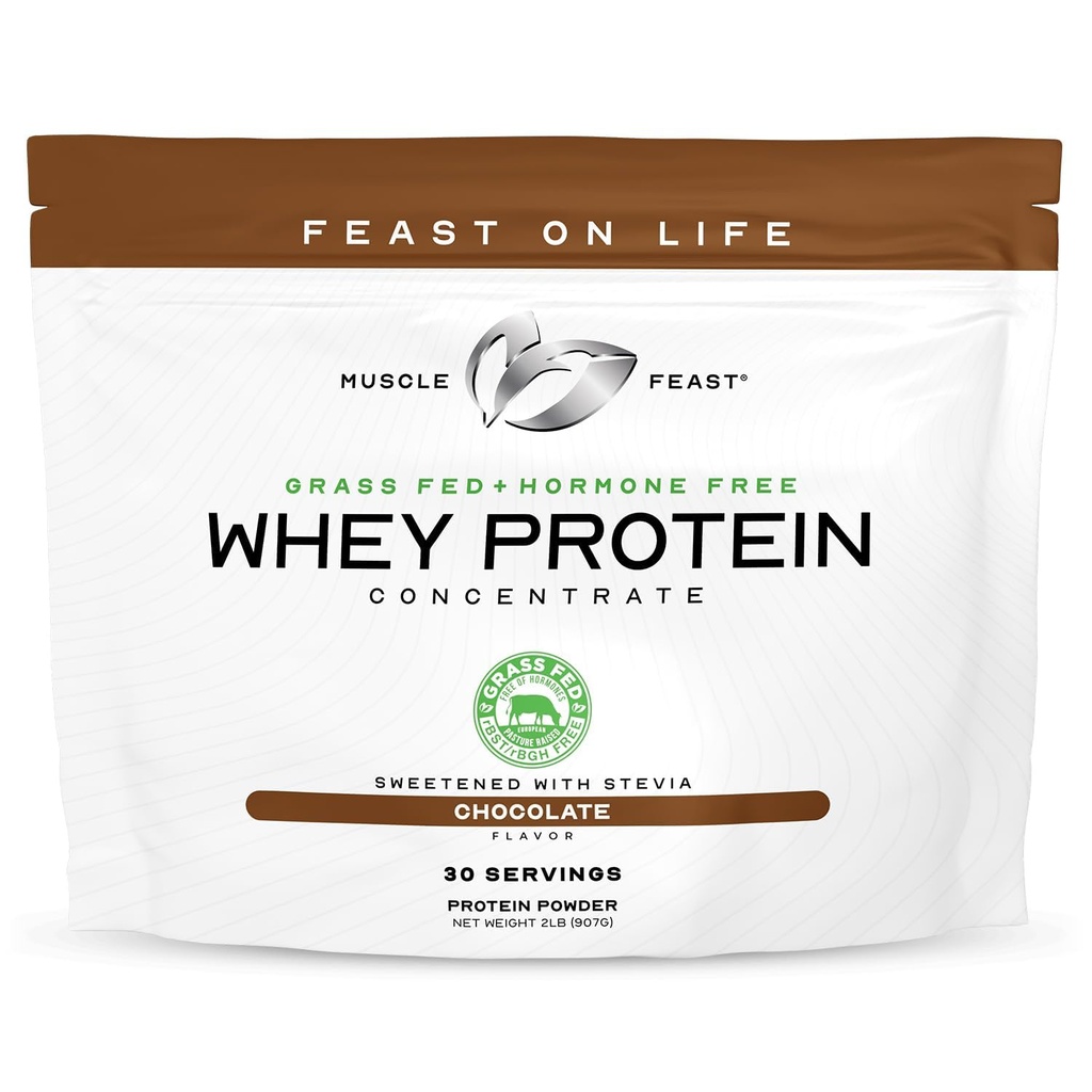 Muscle Feast Grass-Fed Whey Protein Concentrate Powder, All Natural, Hormone Free Pasture Raised Whey Protein Powder for Women &amp; Men, Clean, Non-GMO & Gluten Free Whey Concentrate - Chocolate, 2lb