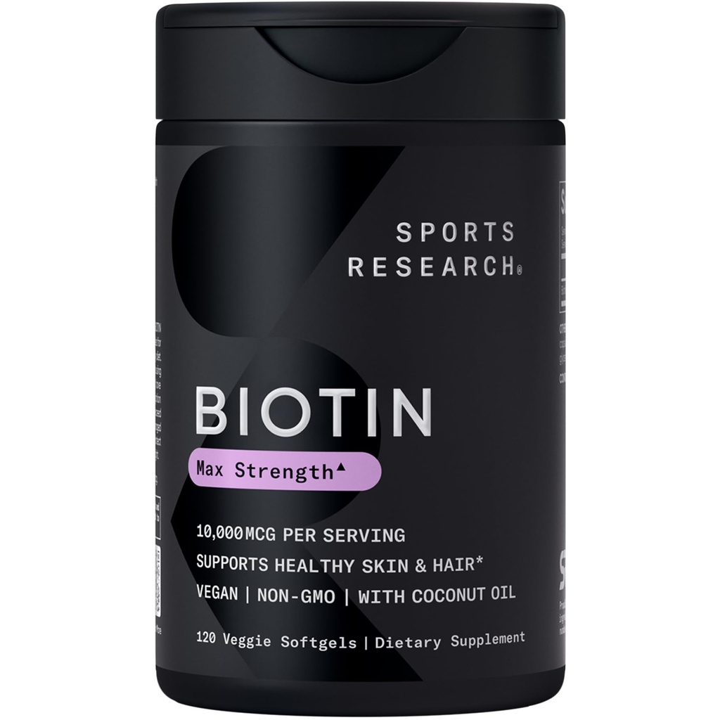Sports Research® Biotin 10,000mcg con aceite de coco orgánico - Biotina (Vitamin B7) para la piel y el cabello saludables* - para mujeres y hombres - Vegan, No GMO, Gluten &amp; Soy-Free - 120 Veggie Softgels