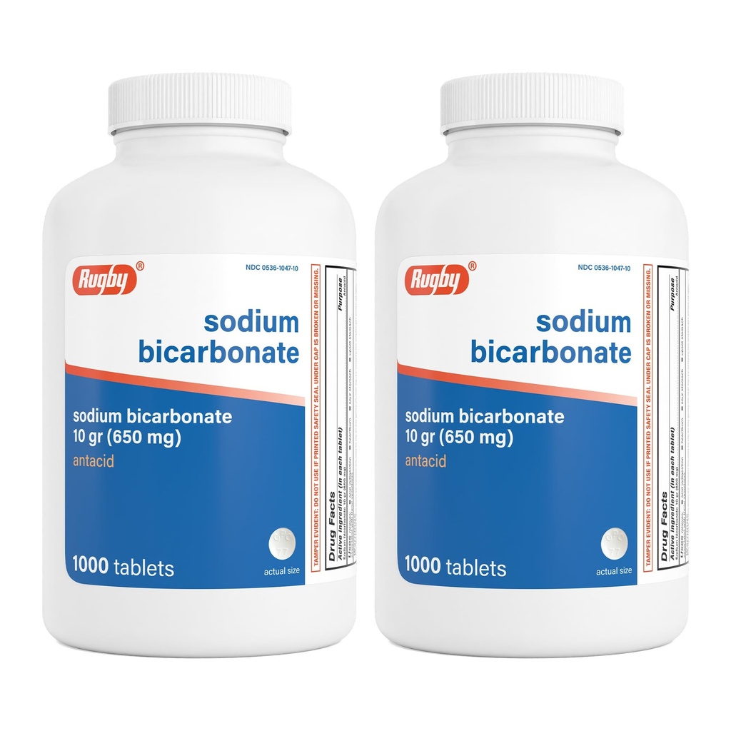Rugby Sodium Bicarbonato 650 mg Tabletas de ácido - Alivio para acidez, estómago " Indigestión, 1000 Conde (2-Pack)