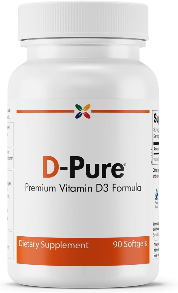 Stop Aging Now - D-Pure Fórmula 125 MCG - Vitamina Premium D3 5000 UI con aceite de girasol - Salud muscular, dientes y huesos, salud del corazón y soporte inmunológico - 90 Softgels