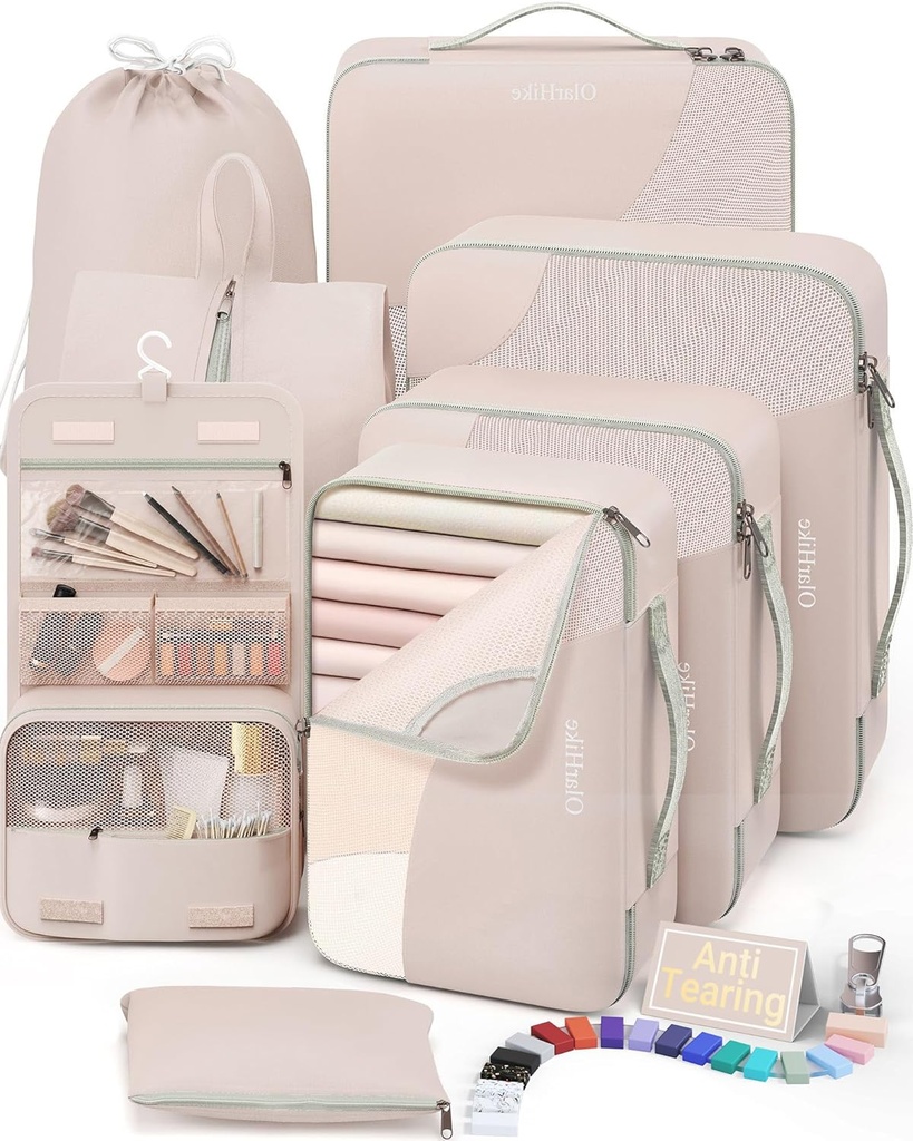 10 Set/8 Set Embalaje Cubos para Viajar, Regalos para Mujer Mamá, Anti-Tearing Suitcase Organizer for Luggage with Shoe & Hanging Toiletry Bag,OlarHike Vacation Essentials & Accesorios para Crucero Nave,Cream