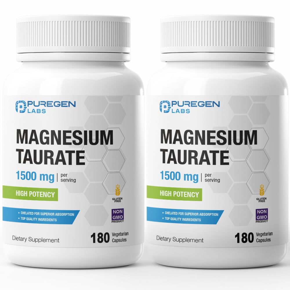 Puregen Labs Magnesium Taurate 1500mg por Serving [High Potency] Total 360 Veggie Caps, Chelated for Superior Absorption, Non-GMO, NO Gluten and Dairy tención Made in USA