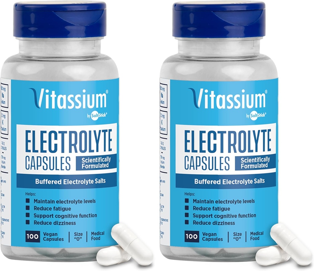 Vitassium Electrolyte Capsules, Electrolytes for The Management of POTS and High Sodium Diets (500mg Sodium - 100mg Potassium), Unflavored, 200 Salt Pills (Tamaño 0)