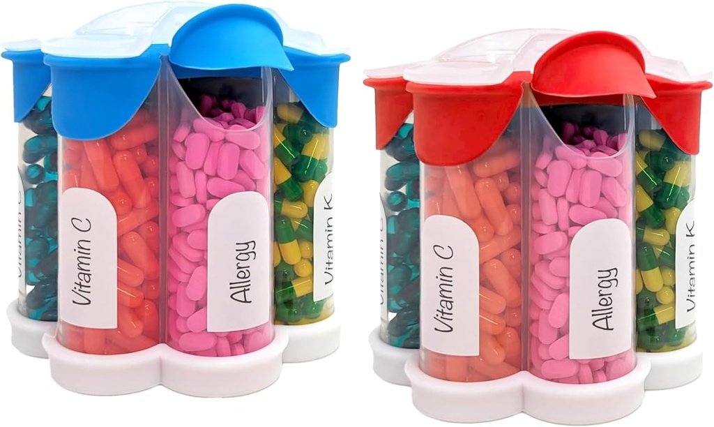 Organizador de píldoras extra grande diario, semanal, suplemento mensual botella, dispensador de píldoras lindo Blossom con 7 compartimentos XL (2 Pack Combo) (Light Blue and Red)