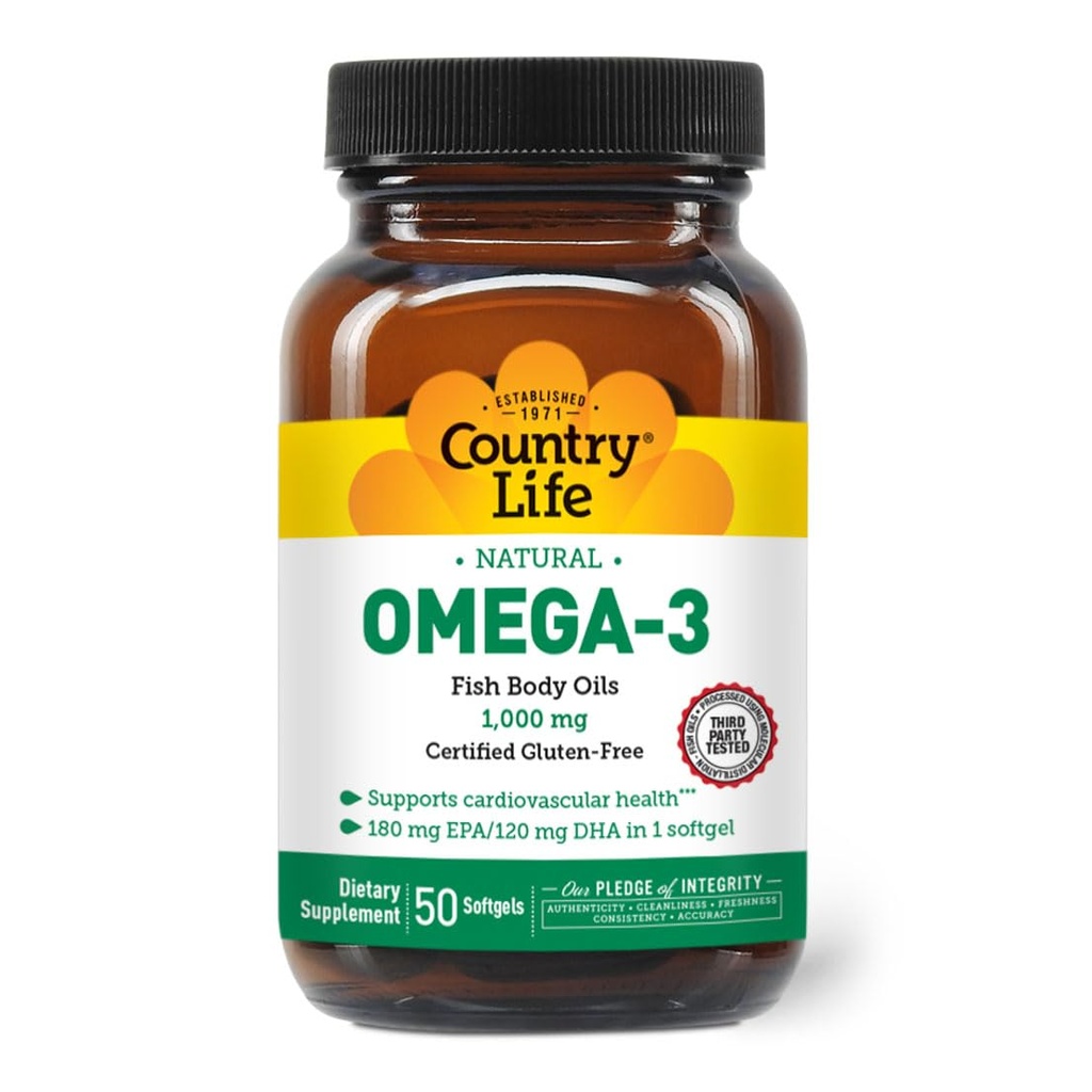 Country Life Omega-3 Fish Oil Suplemento, 10000mg, 180mg EPA & 120mg DHA, Fish Oil Concentrate, Burpless, 50 Softgels, Certified Gluten Free