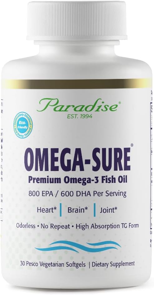 Las hierbas paradisiacas Omega-Sure, Concentrate Omega-3, Aceite de pescado Premium, DHA, EPA, Vegan, No GMO, Gluten Free, 30 Conde Vegetarian Softgels