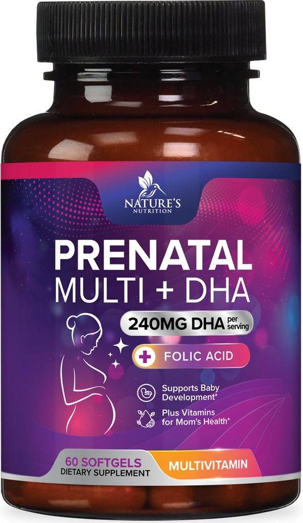 Vitaminas prenatales con ácido fólico " DHA, Fetal Brain Development Support with Folate " Omega 3, Prenatal Multivitamin for Women, Vitamina A, C, D, B6, B12 " Iron, Pregnancy Supplement - 60 Softgels