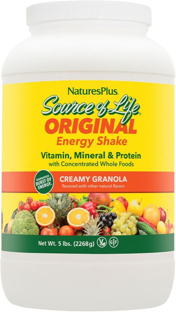 NaturesPlus Fuente de Life Energy Shake, Creamy Granola - 5 lbs, Pack of 2 - Proporciona 13g Proteína completa, vitaminas " minerales - No Gluten Free, Vegetarian - 116 Total Servings