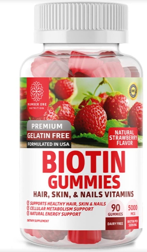 Nutrición N1N Premium Biotin Gummies 5000mcg [High Potency, 90 Gummies] para el cabello sano, la piel y las uñas para adultos y niños, Vegan, No GMO, Basado en Pectina