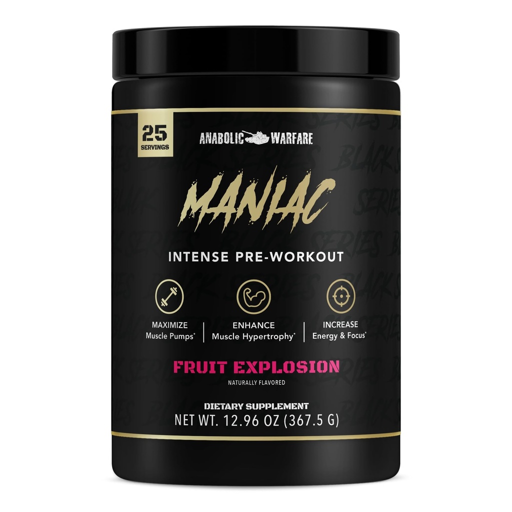 Maniaco de la Serie Negra Anabólica, Polvo de Pre-Workout, soporta óxido nítrico, bombas musculares y sintesis de proteínas* Explosión de frutas