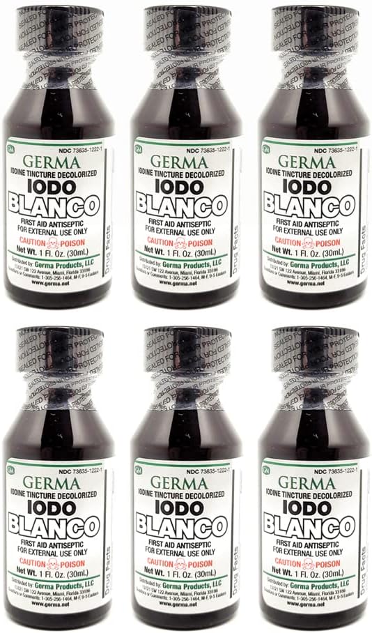 Germa White Iodine Tincture. Primera Ayuda Antiséptica. para Raspas Menores, Cortas, Brujas y Quemaduras. Previene la infección de piel. 1 oz. Pack de 6