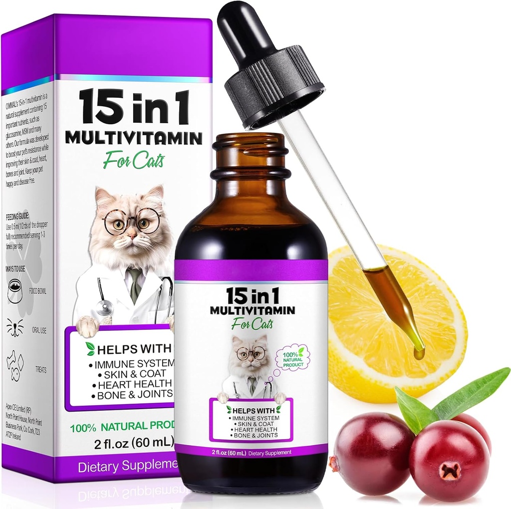 Cat Multivitamin,15 en 1 Cat Vitaminas Líquidas Suplementos para la salud del corazón, huesos, articulación, piel " Cuna, vejiga, sistema inmune Apoyo 60ml