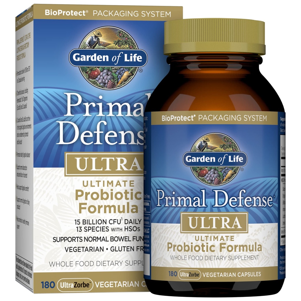 Garden of Life Probiotics for Digestive Health and Gut Health Balance, Primal Defense Ultra Ultimate Formula, 15 Billion CFU y 13 Strains Plus HSOs, Vegetarian y Gluten Free, 180 Capsules