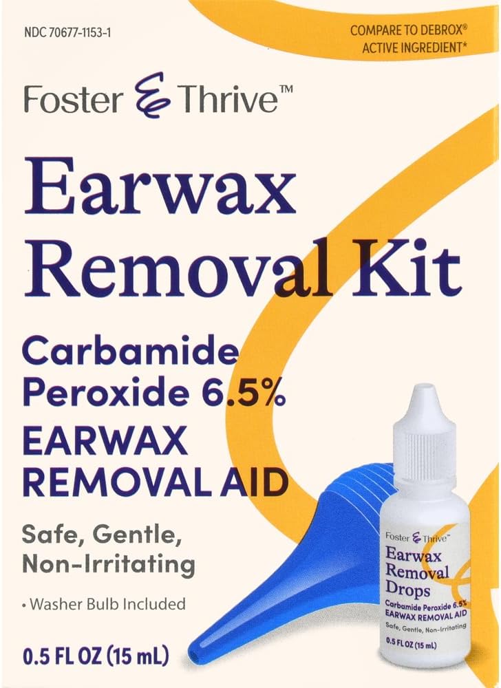 Foster " Thrive Earwax Removal Kit, Softens & Loosens Excess Earwax, Safe, Gentle and Non-Irritating, Carbamide Peroxide 6.5%, Incluye gotas y la jeringa de oído, 0,5 Oz