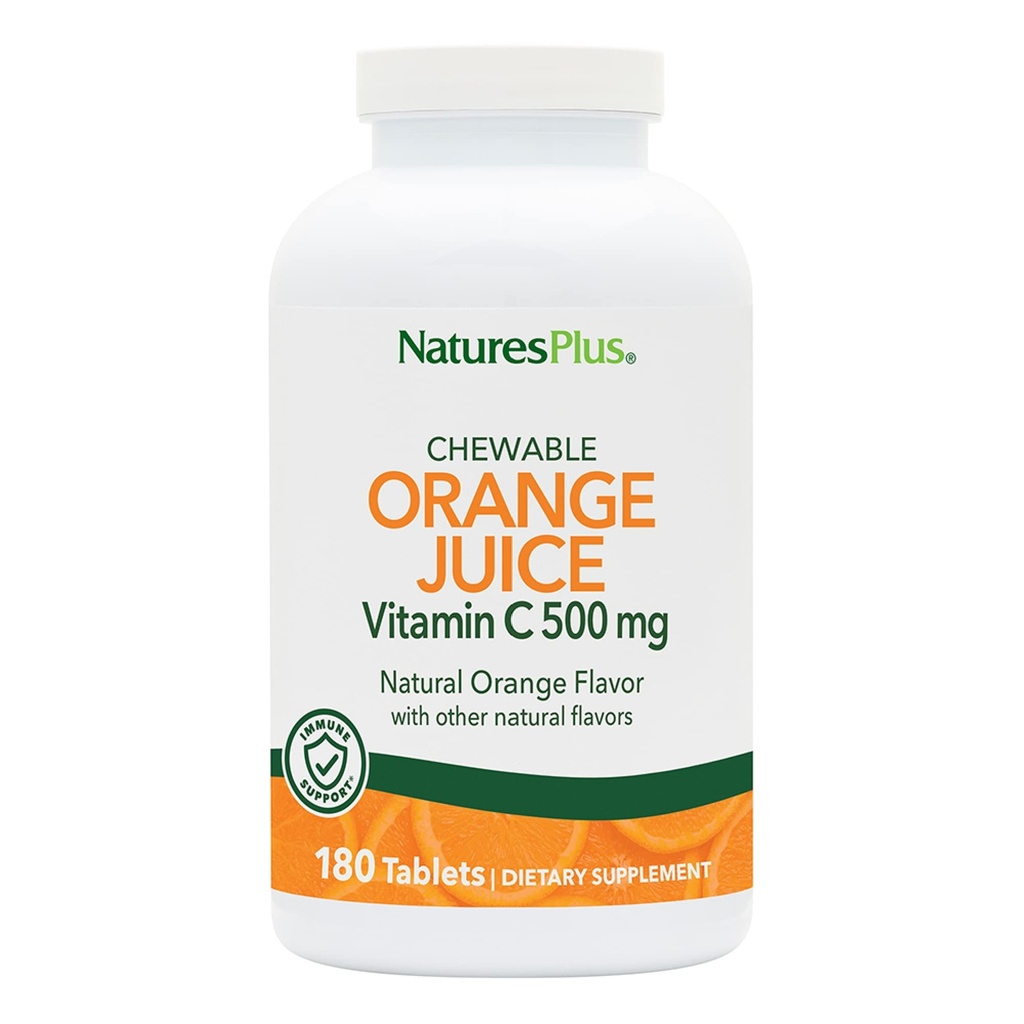 NaturesPlus Orange Juice Chewable Vitamina C - 500 mg, 180 Tablets - Suplemento de Apoyo Inmunitario de alta potencia, Antioxidante - Gentle On Stomach -Vegetariano, Gluten-Free - 180 Servings