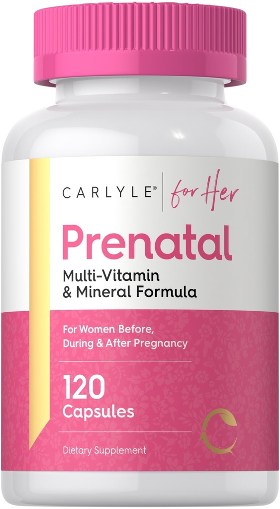 Carlyle Prenatal Vitamins for Women TEN 120 Capsules ← Fórmula Multivitamina y Mineral con ácido fólico TENIDO NO GMO y Gluten Suplemento gratuito TEN para Her