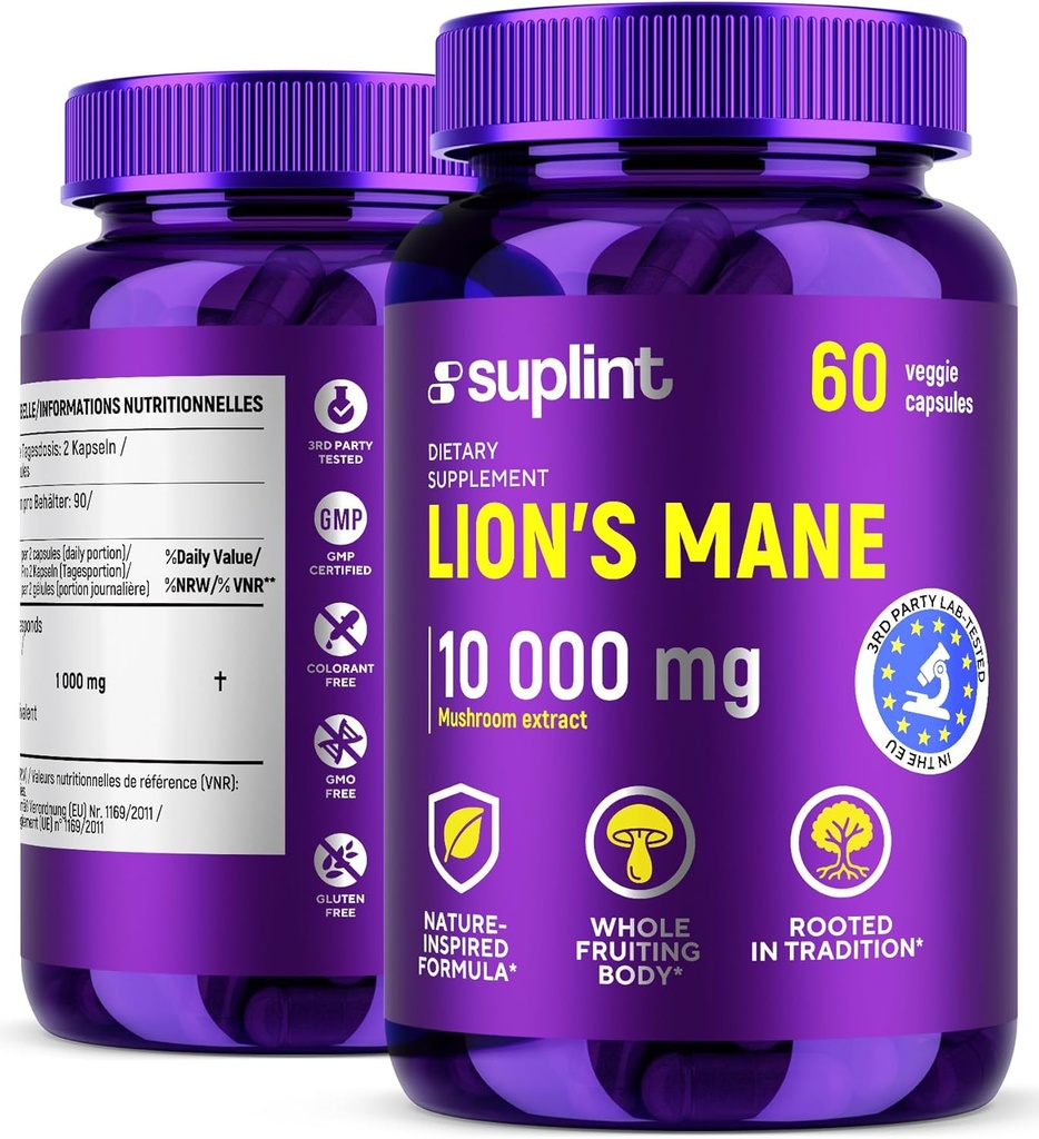 [BRSRAAQHAAIAKD3V] Lion’s Mane Mushroom Suplemento 10,000 mg  Suplementos dietéticos para la memoria, enfoque " Clarity ¦ Daily Immune System Support Complex for Women " Men ¦ Non-GMO, Gluten-Free, Vegan Ø 60 cápsulas