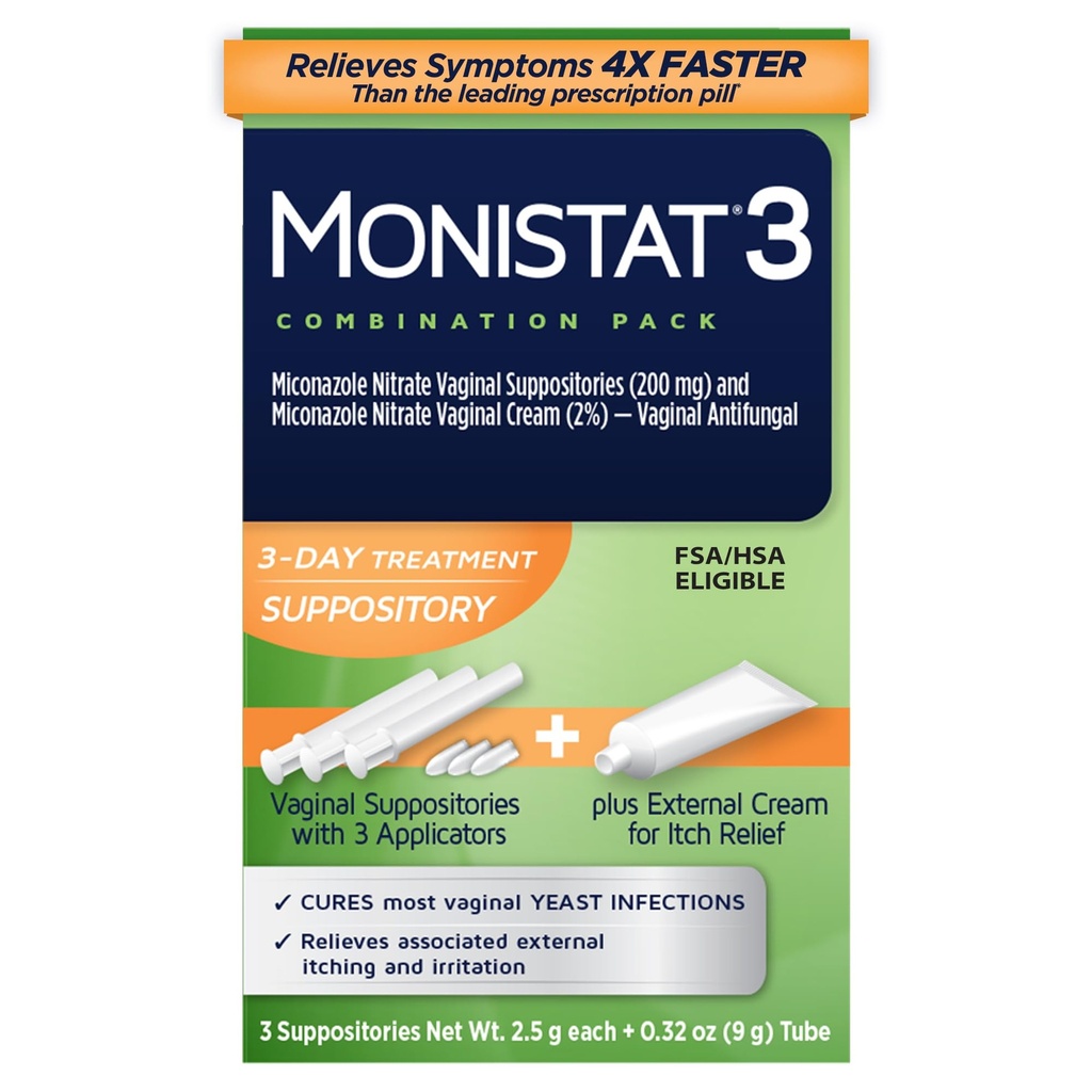 Tratamiento de la infección de levaduras de 3 días para mujeres, 3 depósitos vaginales de miconazol " Crema de Alivio de Itch externo (9g Tube) Combo Pack