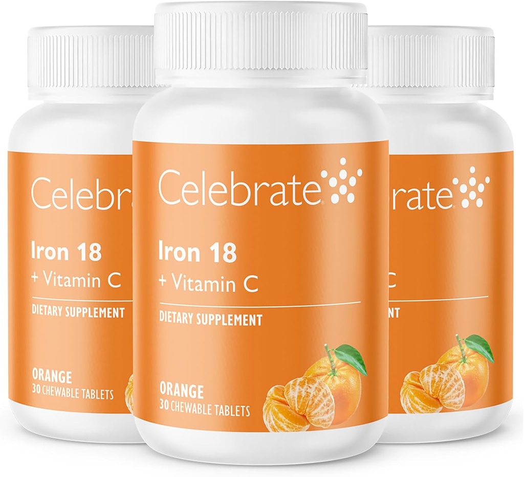 Celebrar vitaminas Suplemento de hierro con vitamina C - 18 mg de hierro, 36 mg de vitamina C, vitaminas barátricas para pacientes de la WLS, escledo vertical y cirugía de circunvalación gástrica – Tangerina, 90 tabletas chewable