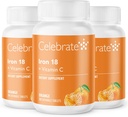 Celebrar vitaminas Suplemento de hierro con vitamina C - 18 mg de hierro, 36 mg de vitamina C, vitaminas barátricas para pacientes de la WLS, escledo vertical y cirugía de circunvalación gástrica – Tangerina, 90 tabletas chewable