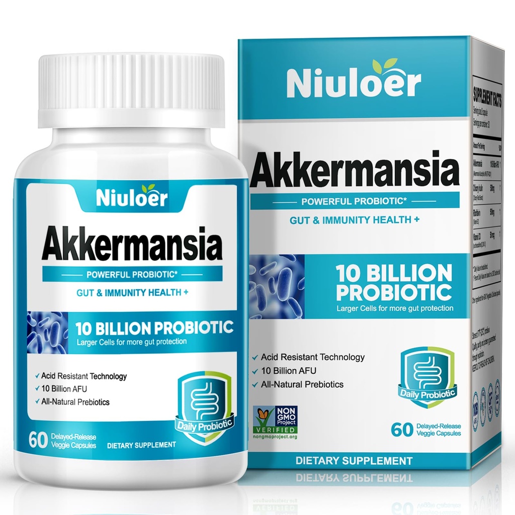 Akkermansia Probiótico, GLP-1 Probióticos para Hombres Mujer - 10 Billones AFUs + Prebióticos Orgánicos, Digestivos, Gut, Inmune " Salud general, Enhances Gut Función de Linado Digestivo (60 cápsulas, 1-Pack)