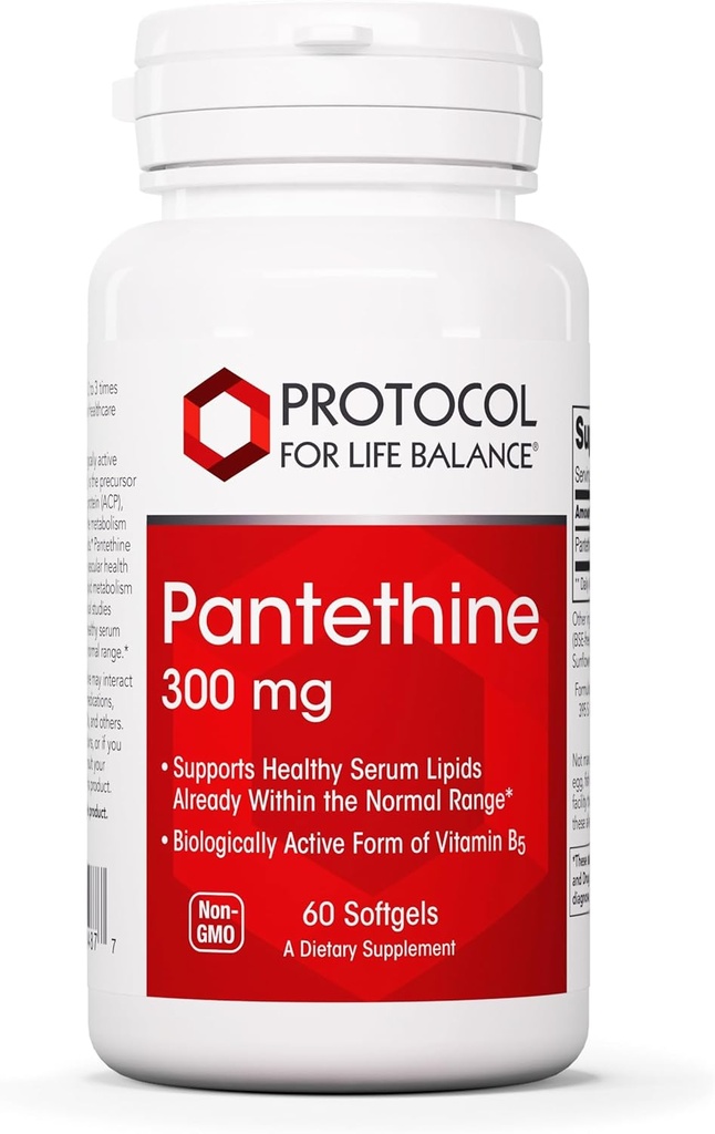 Protocolo Pantethine 300mg - Forma activa de vitamina B5 - Soporte para el hígado* - Soporte Colesterol Ya dentro de rango normal* - Suplemento de vitamina Pantetina - 60 Softgels