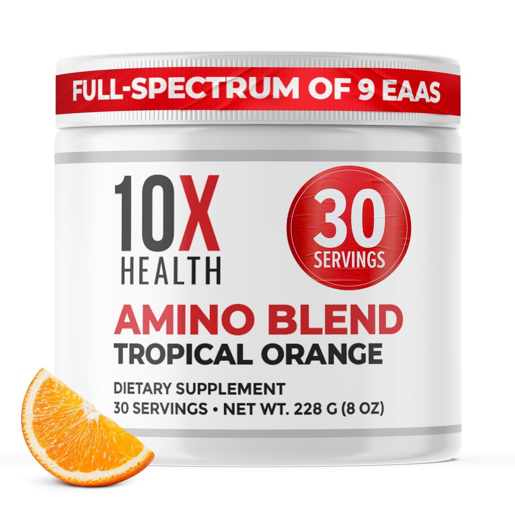 Aminoácidos de salud 10X - 30 Servimientos de Pólvora EAA &amp; BCAA, Pre Workout BCAA con Aminoácidos esenciales Suplemento - BCAAs &amp; EAAs para la longevidad, apoyo muscular, fuerza, energía - naranja tropical