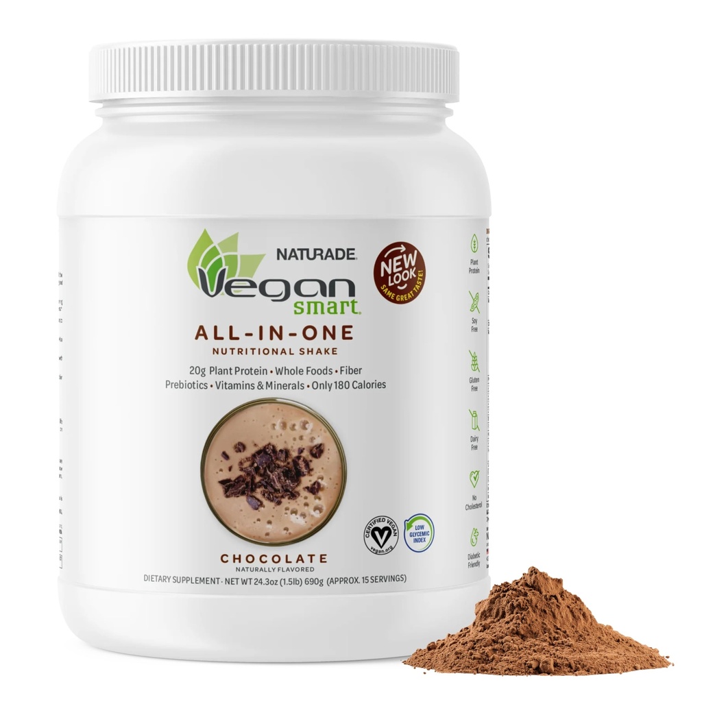Vegansmart Naturade Planta base de polvo de proteína vegano - All-in-One Nutricional Shake Protein Blend - Gluten Free &amp; Non-GMO - Chocolate (15 Servimientos)