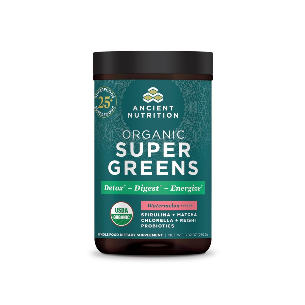 Antigua Nutrición SuperGreens Polvo con Probióticos, Verdes de sabor de sandía orgánica, Hecho de frutas reales, verduras y hierbas, para soporte digestivo y energético, 25 Servimientos, 8.82oz