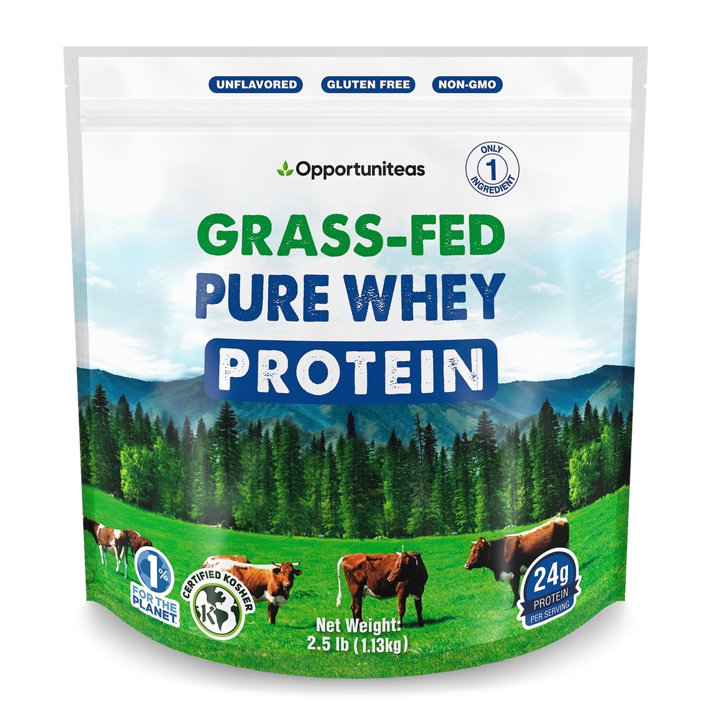 Oportuniteas Grass Fed Whey Protein Powder Concentrate - 1 Ingrediente - Suplemento de proteína pura para la bebida, Smoothie, Shake, Cooking &amp; Baking - Non GMO, Hormone Free &amp; Gluten Free - 2,5 lbs