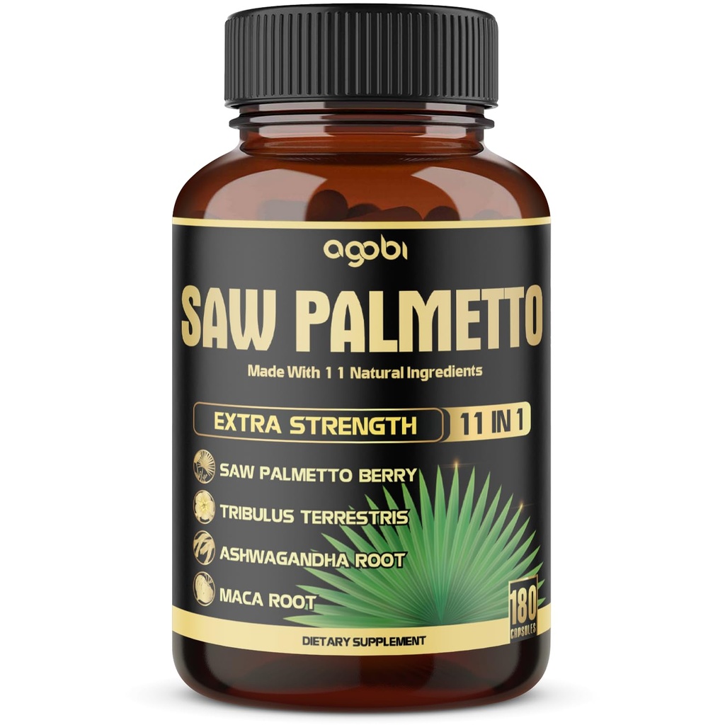 11in1 Saw Palmetto Capsules with Ashwagandha, Turmeric, Tribulus, Maca, Green Tea, Ginger, Holy Basil & More - Healthy Prostate & Hair Support - 180 Count 6-Month Supply