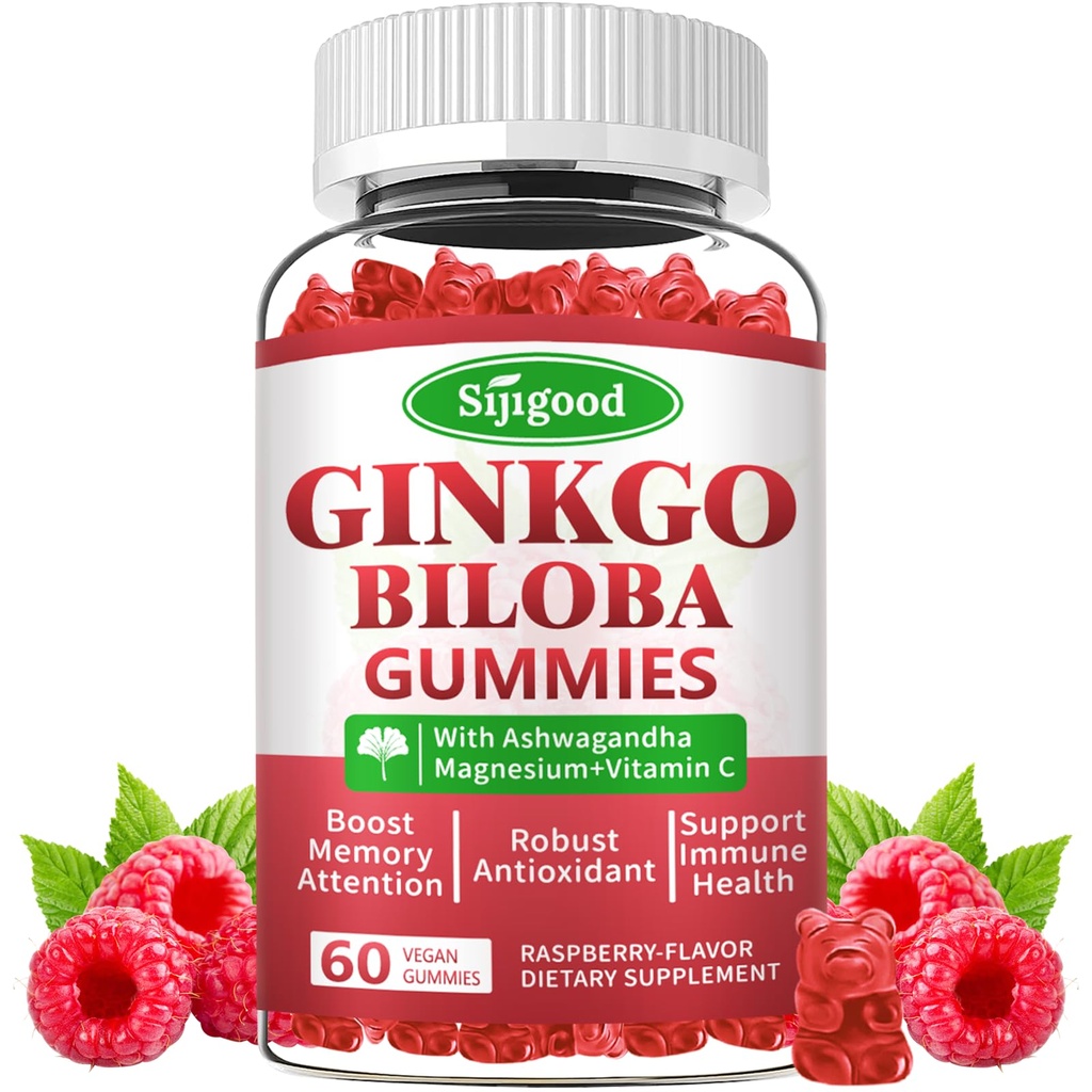 Ginkgo Biloba Gummies con Panax Ginseng y Magnesium, Ginkgo Biloba Suplementos para Focus, Memory y Brain Health para Adultos &amp; Niños, Vegan Raspberry Flavor Gummies, 60 Condes
