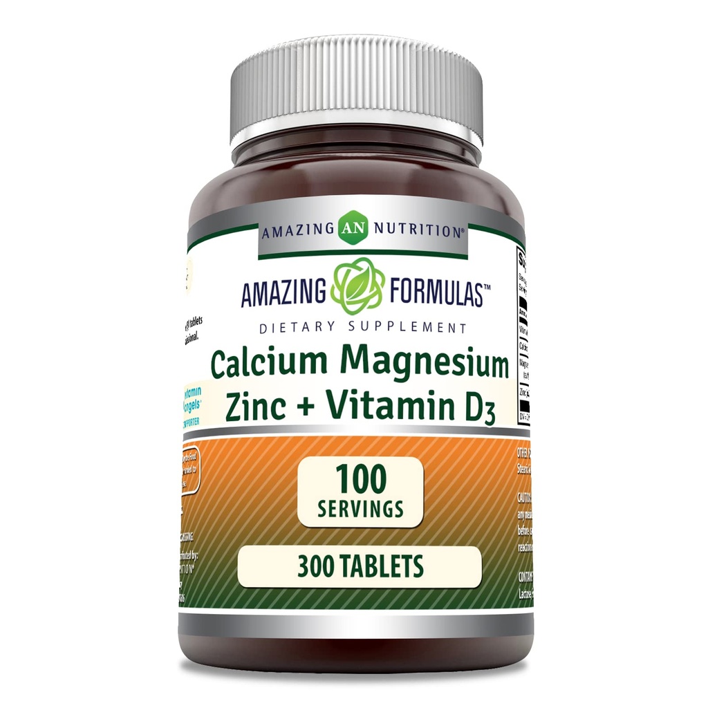 Fórmulas asombrosas Magnesio de calcio Zinc D3 - 300 Tabletas por botella Suplemento (Calcium 1000mg - Magnesium 400mg - Zinc 25mg Plus Vitamin D3 600 UI - Por Serving of 3 Tablets)